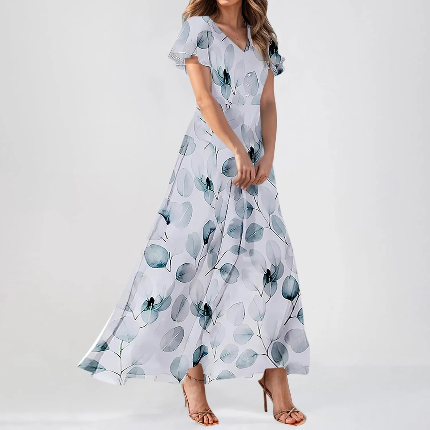 Chiffon Dresses for Women Long Flowy Dress Swing Ruffle Hem Womens Dresses Wedding Guest Dress Summer Beach Casual Dresses