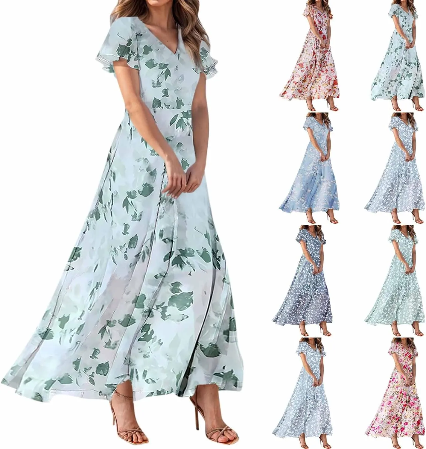 Chiffon Dresses for Women Long Flowy Dress Swing Ruffle Hem Womens Dresses Wedding Guest Dress Summer Beach Casual Dresses