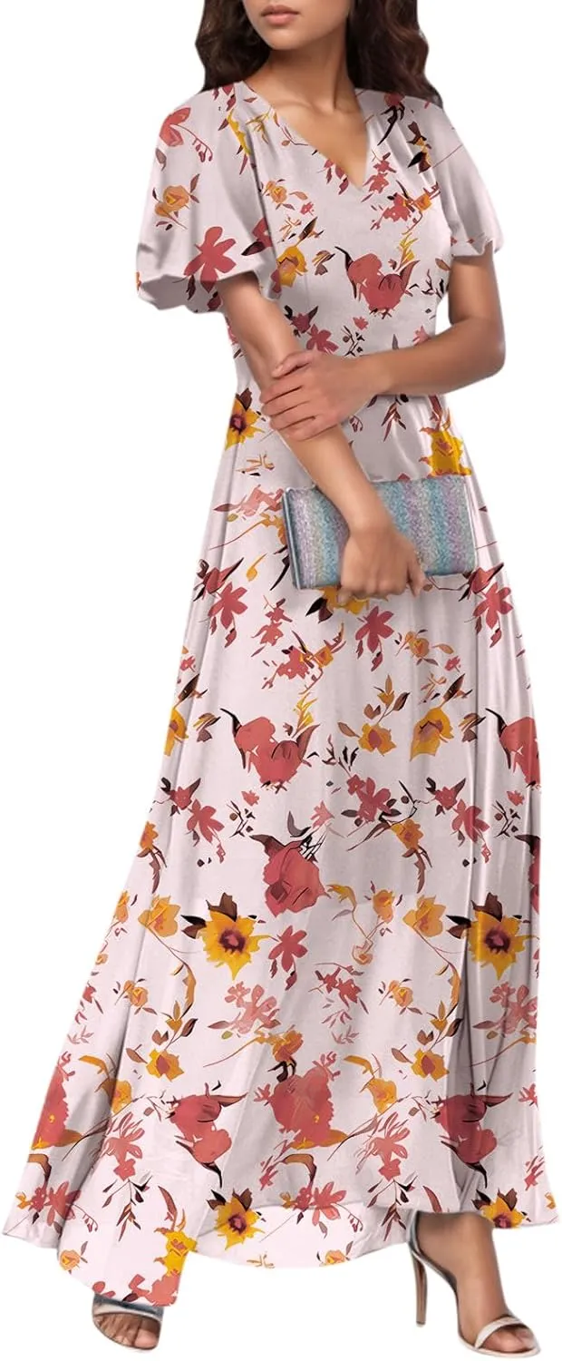 Chiffon Dresses for Women Long Flowy Dress Swing Ruffle Hem Womens Dresses Wedding Guest Dress Summer Beach Casual Dresses