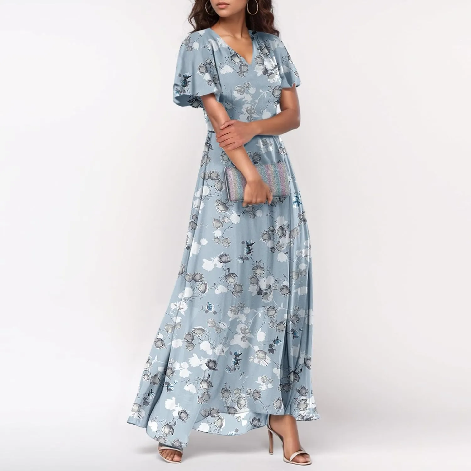 Chiffon Dresses for Women Long Flowy Dress Swing Ruffle Hem Womens Dresses Wedding Guest Dress Summer Beach Casual Dresses