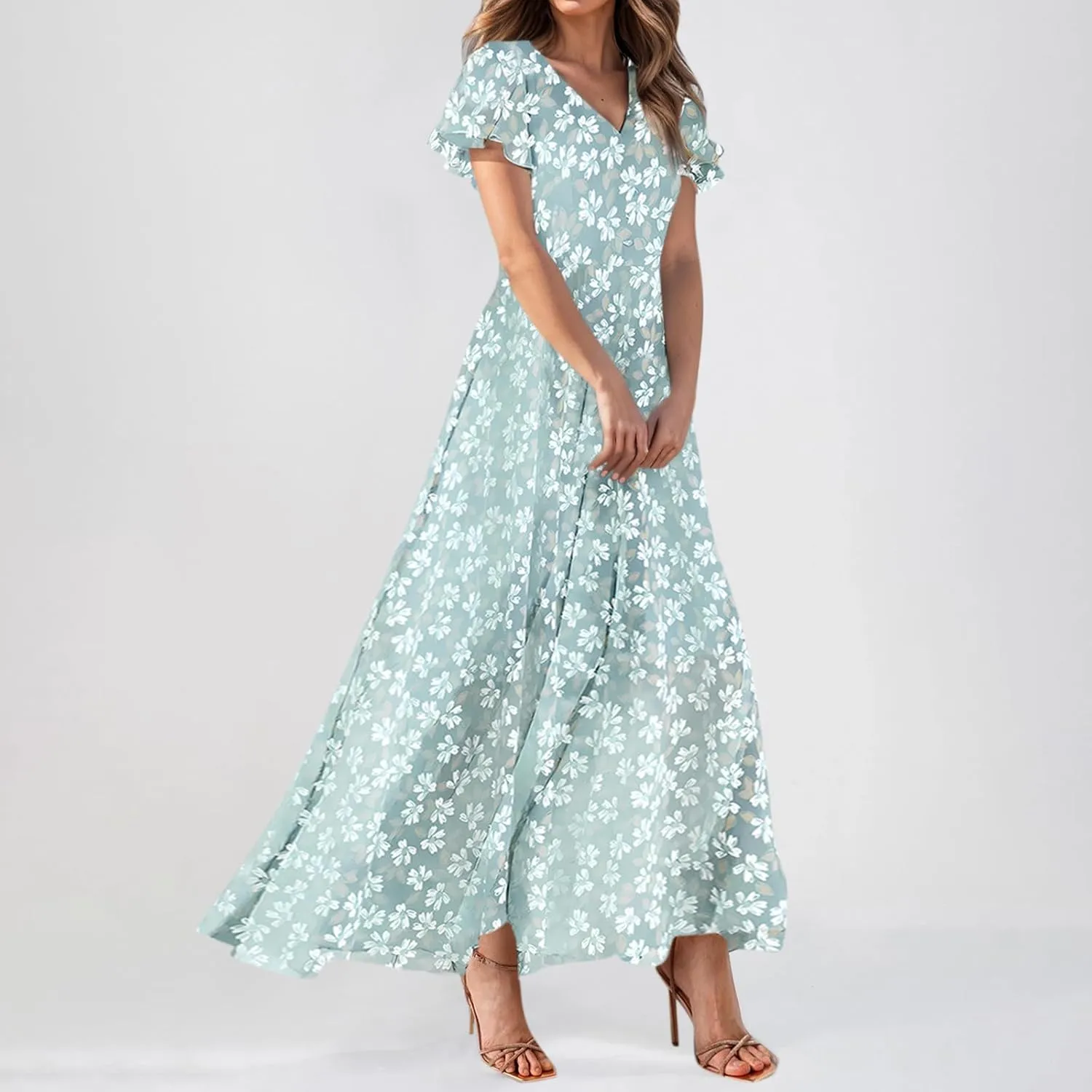 Chiffon Dresses for Women Long Flowy Dress Swing Ruffle Hem Womens Dresses Wedding Guest Dress Summer Beach Casual Dresses