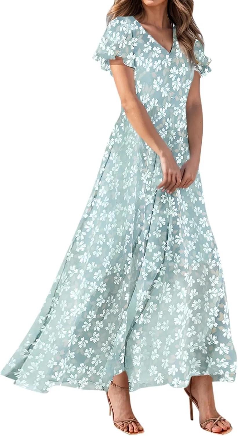 Chiffon Dresses for Women Long Flowy Dress Swing Ruffle Hem Womens Dresses Wedding Guest Dress Summer Beach Casual Dresses
