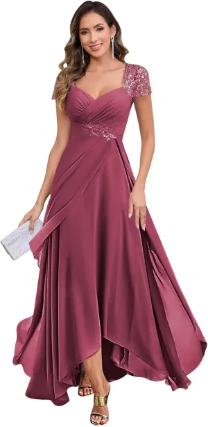 Chiffon Tea Length Mother of The Bride Dresses for Women A Line V Neck Lace Formal Evening Dress with Sleeves