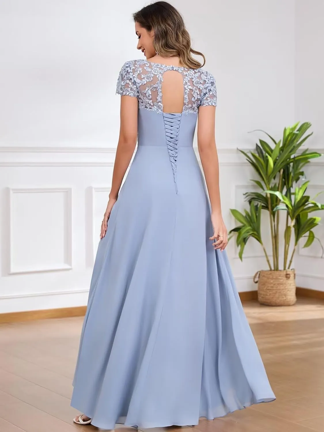 Chiffon Tea Length Mother of The Bride Dresses for Women A Line V Neck Lace Formal Evening Dress with Sleeves