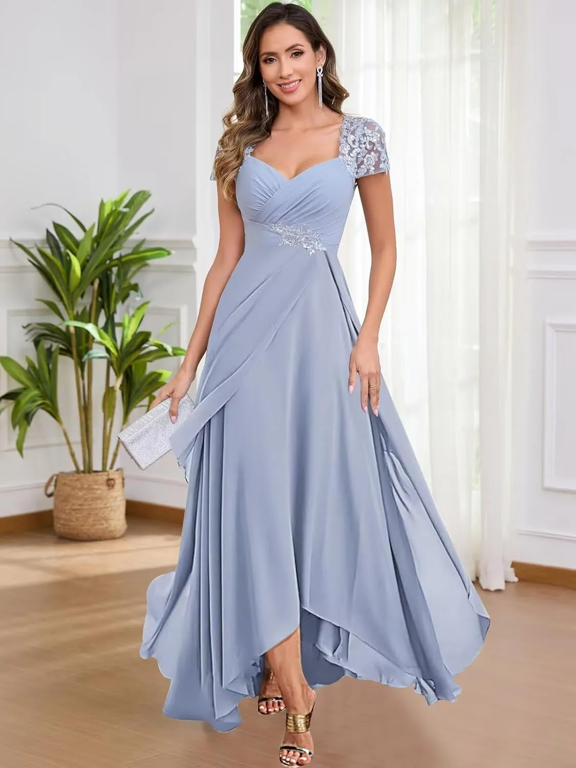Chiffon Tea Length Mother of The Bride Dresses for Women A Line V Neck Lace Formal Evening Dress with Sleeves