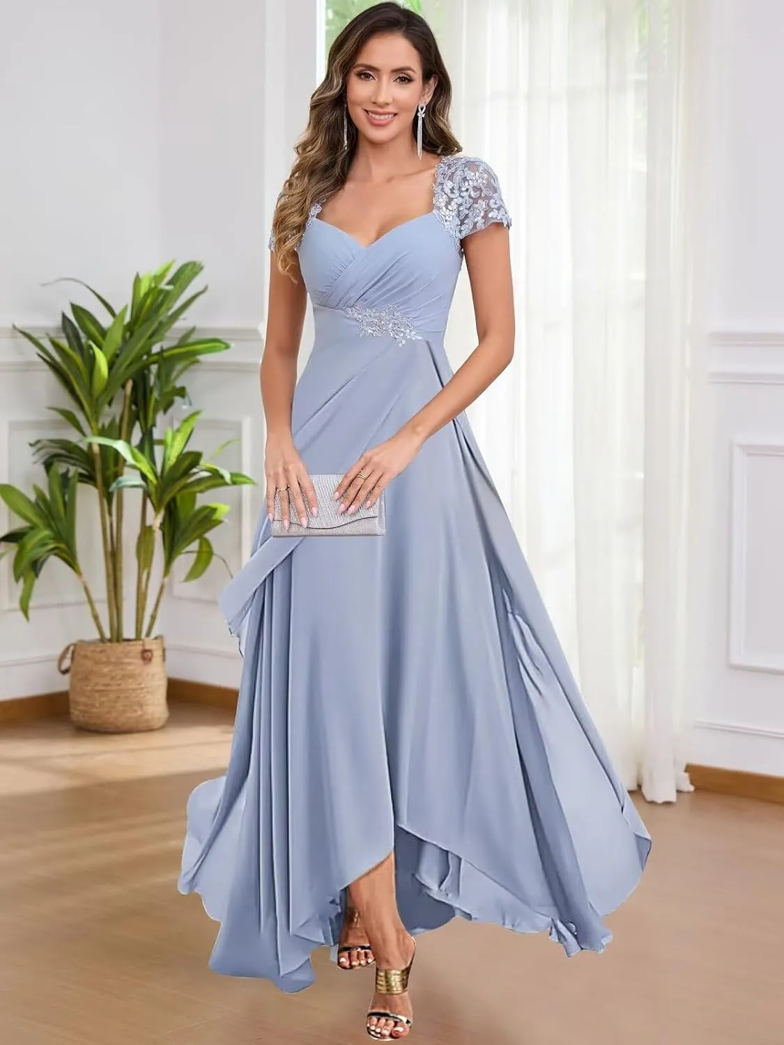 Chiffon Tea Length Mother of The Bride Dresses for Women A Line V Neck Lace Formal Evening Dress with Sleeves