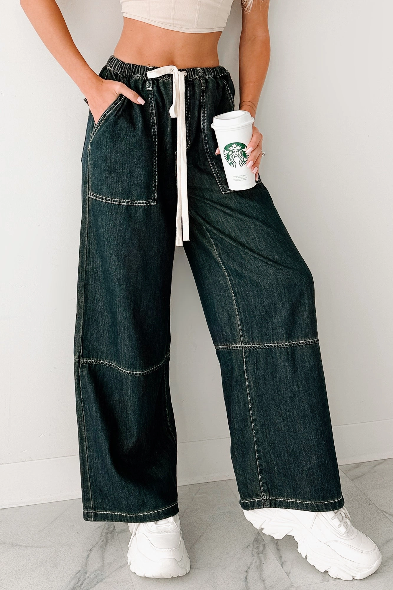 Chill Energy Wide Leg Drawstring Pants (Grey Denim)