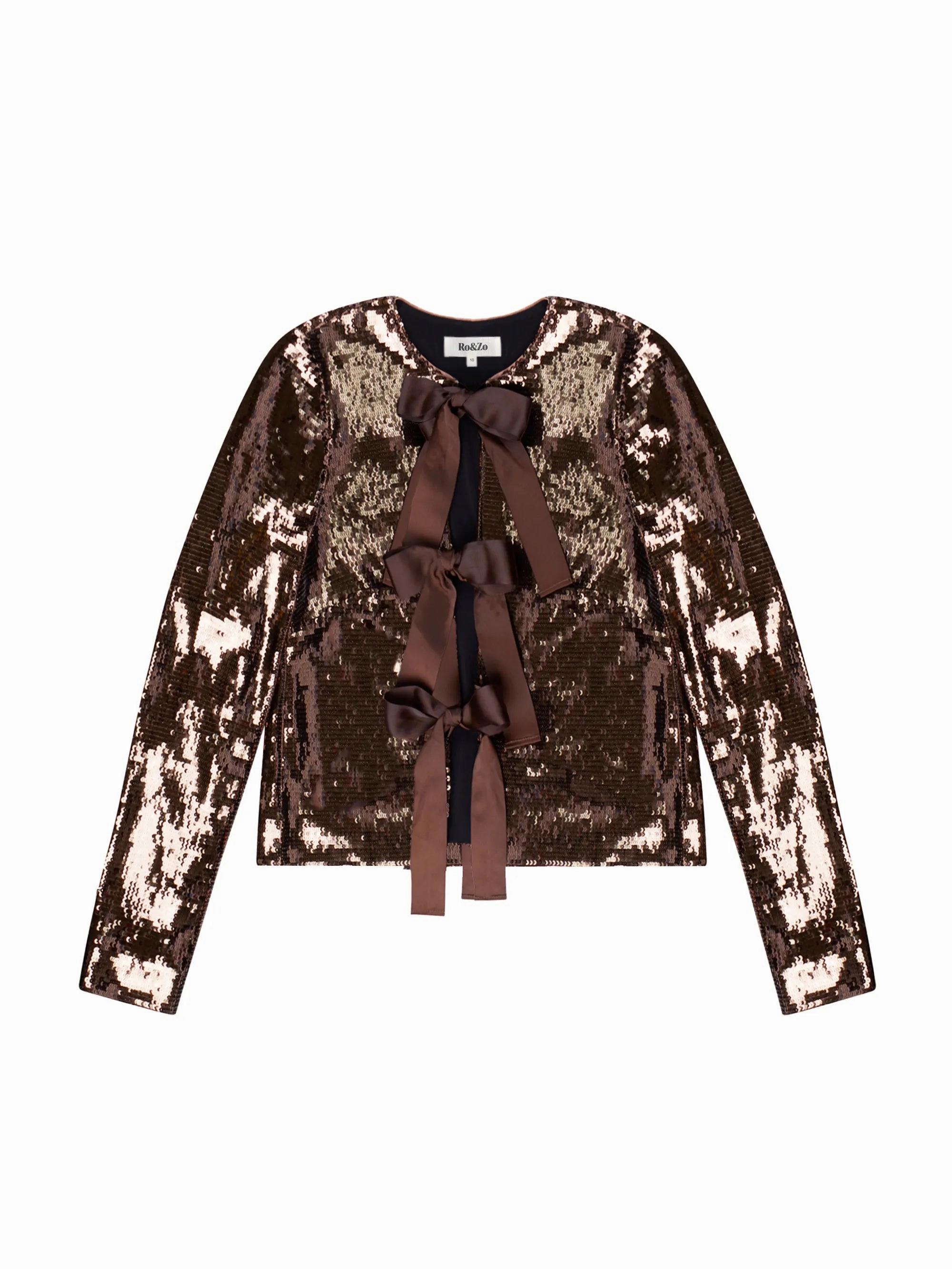 Chocolate Brown Bow Front Sequin Jacket