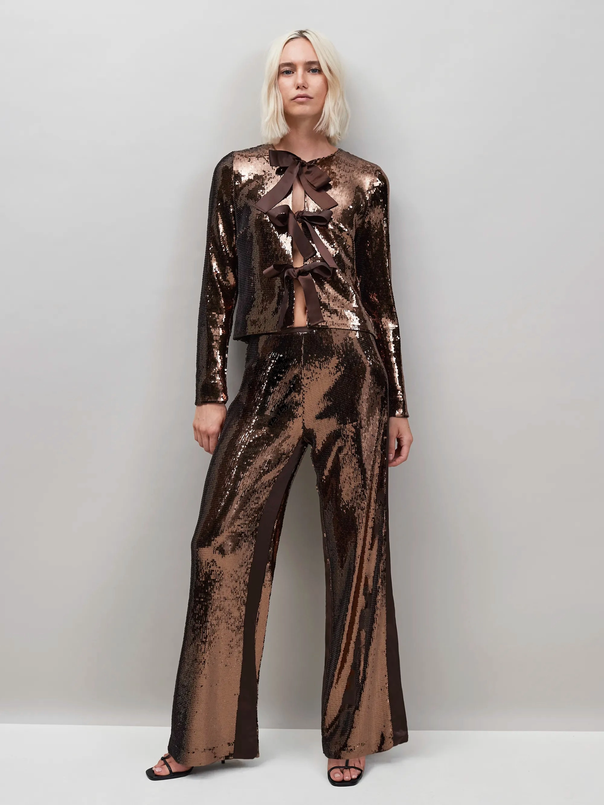 Chocolate Brown Bow Front Sequin Jacket