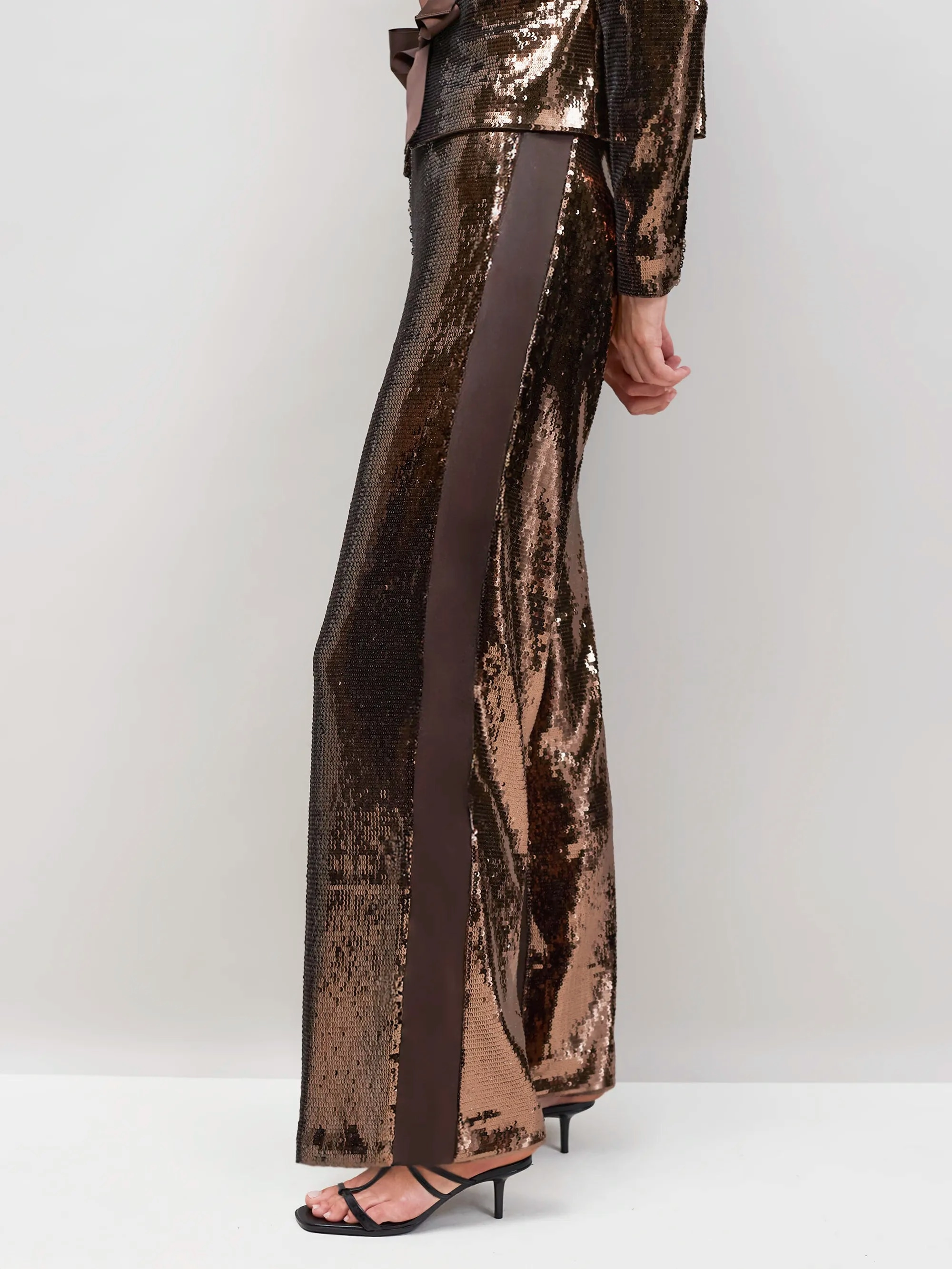 Chocolate Brown Sequinned Satin-Stripe Trousers
