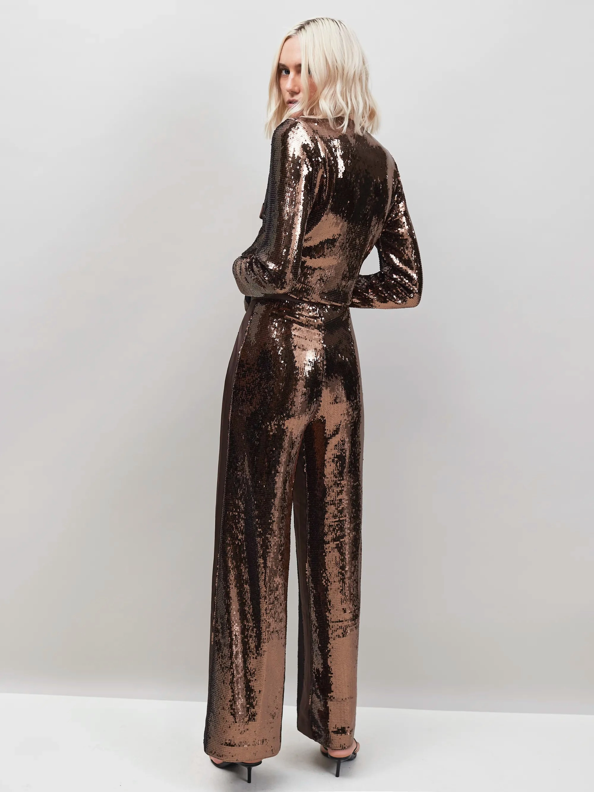 Chocolate Brown Sequinned Satin-Stripe Trousers