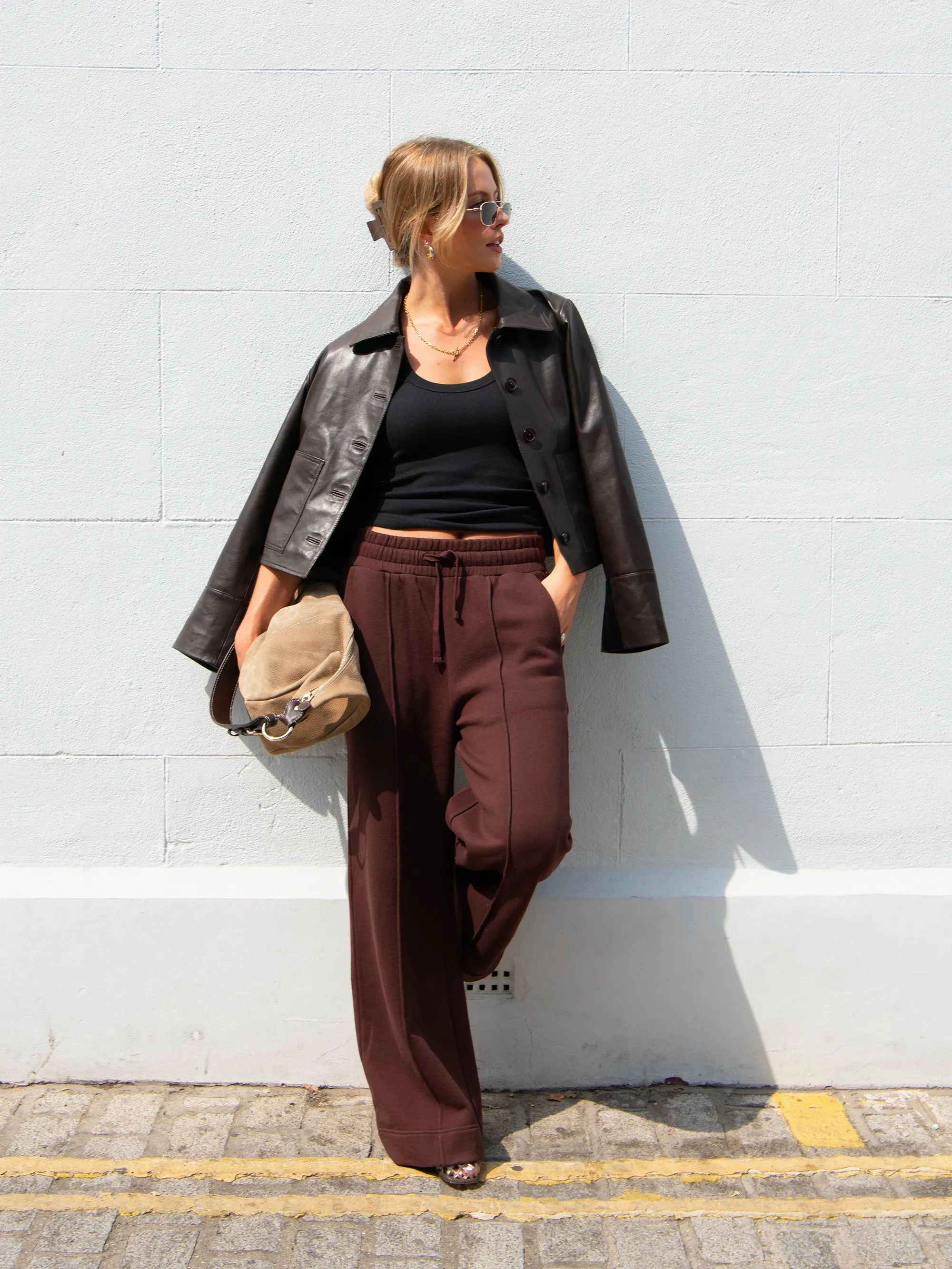 Chocolate-Brown Wide-Leg Sweatpants