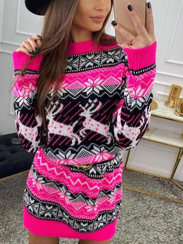 Christmas Elk Long Sleeve Sweater Dresses
