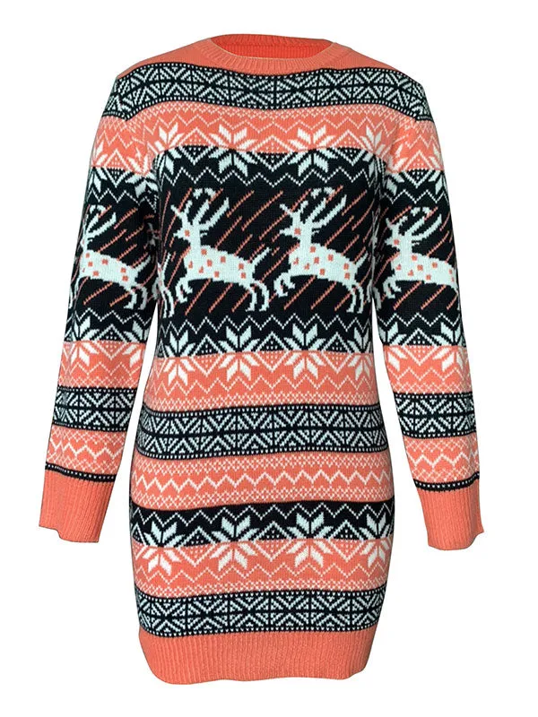Christmas Elk Long Sleeve Sweater Dresses