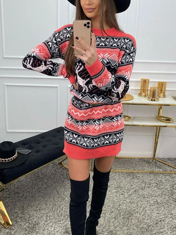Christmas Elk Long Sleeve Sweater Dresses