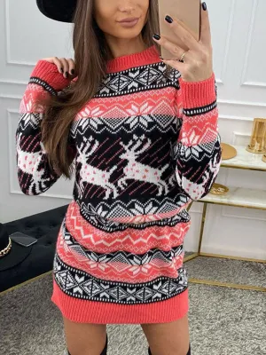 Christmas Elk Long Sleeve Sweater Dresses