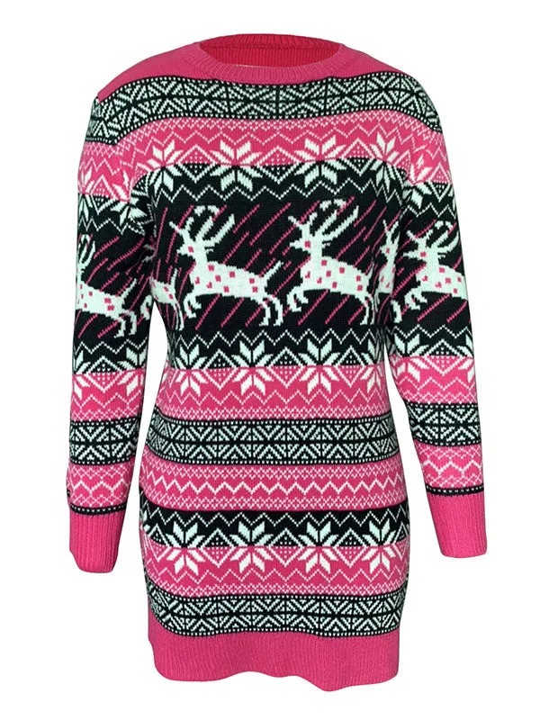 Christmas Elk Long Sleeve Sweater Dresses