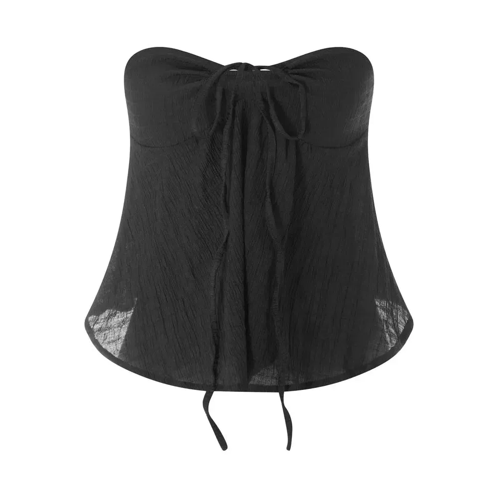 CHRONSTYLE Strapless Off Shoulder Ruched Tube Tops for Women Front Tie-up Ruffles Summer Party Clubwear Tank Mini Vest New