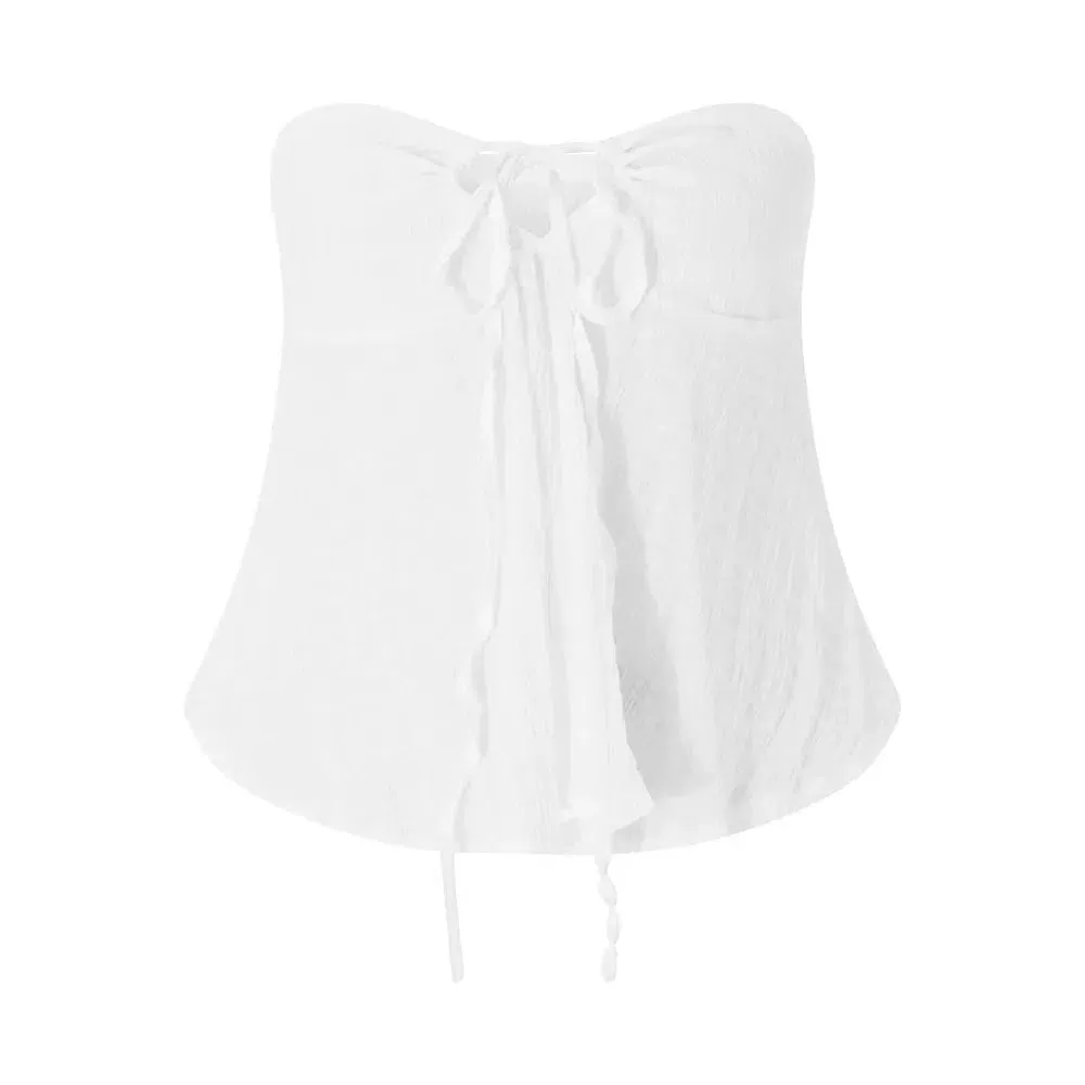 CHRONSTYLE Strapless Off Shoulder Ruched Tube Tops for Women Front Tie-up Ruffles Summer Party Clubwear Tank Mini Vest New
