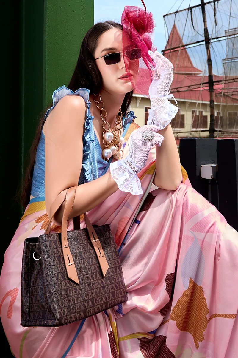 Classy Pink Digital Printed Satin Silk Saree With Skinny Blouse Piece