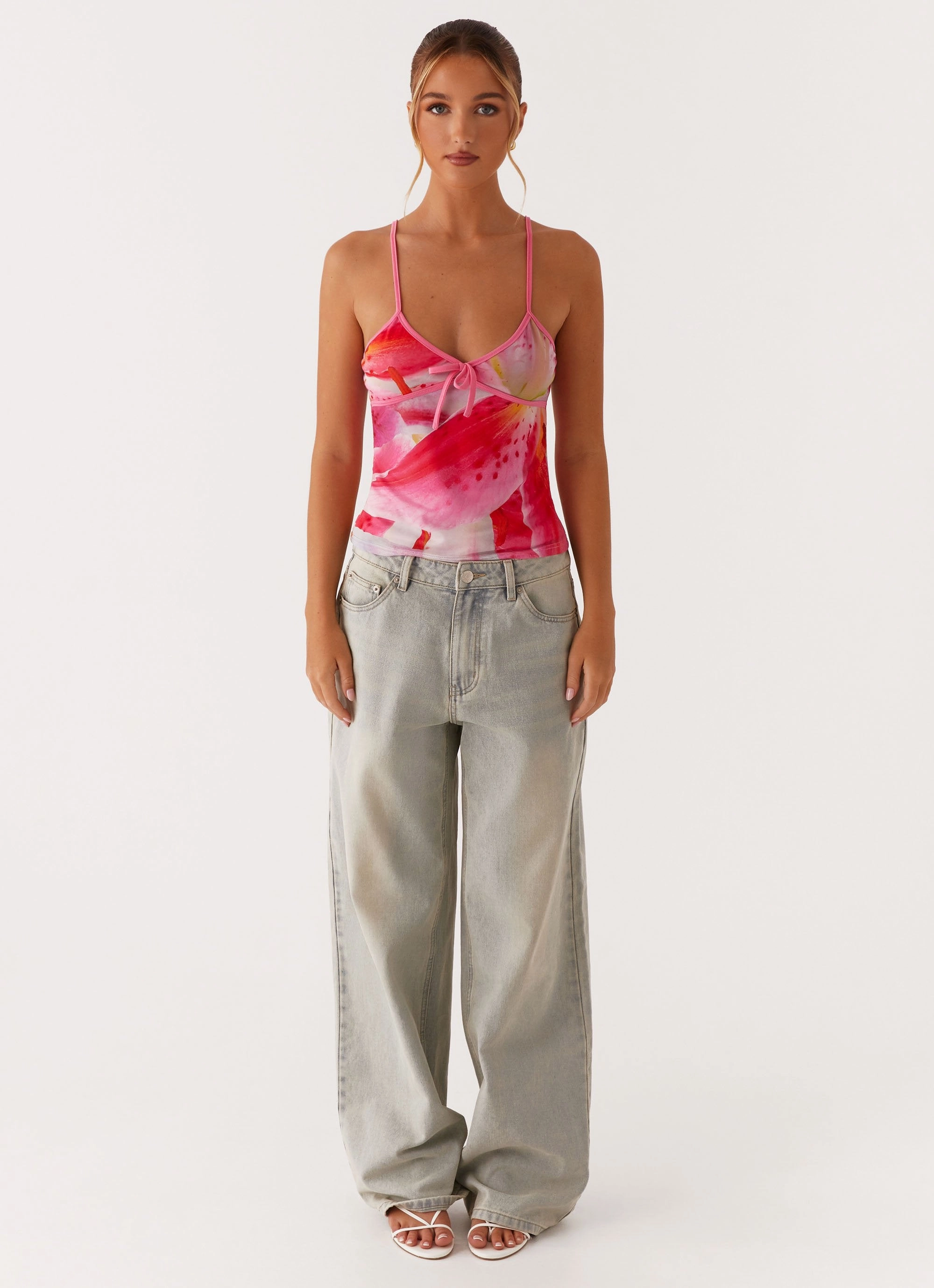 Claudie Mesh Top - White Pink Lilly