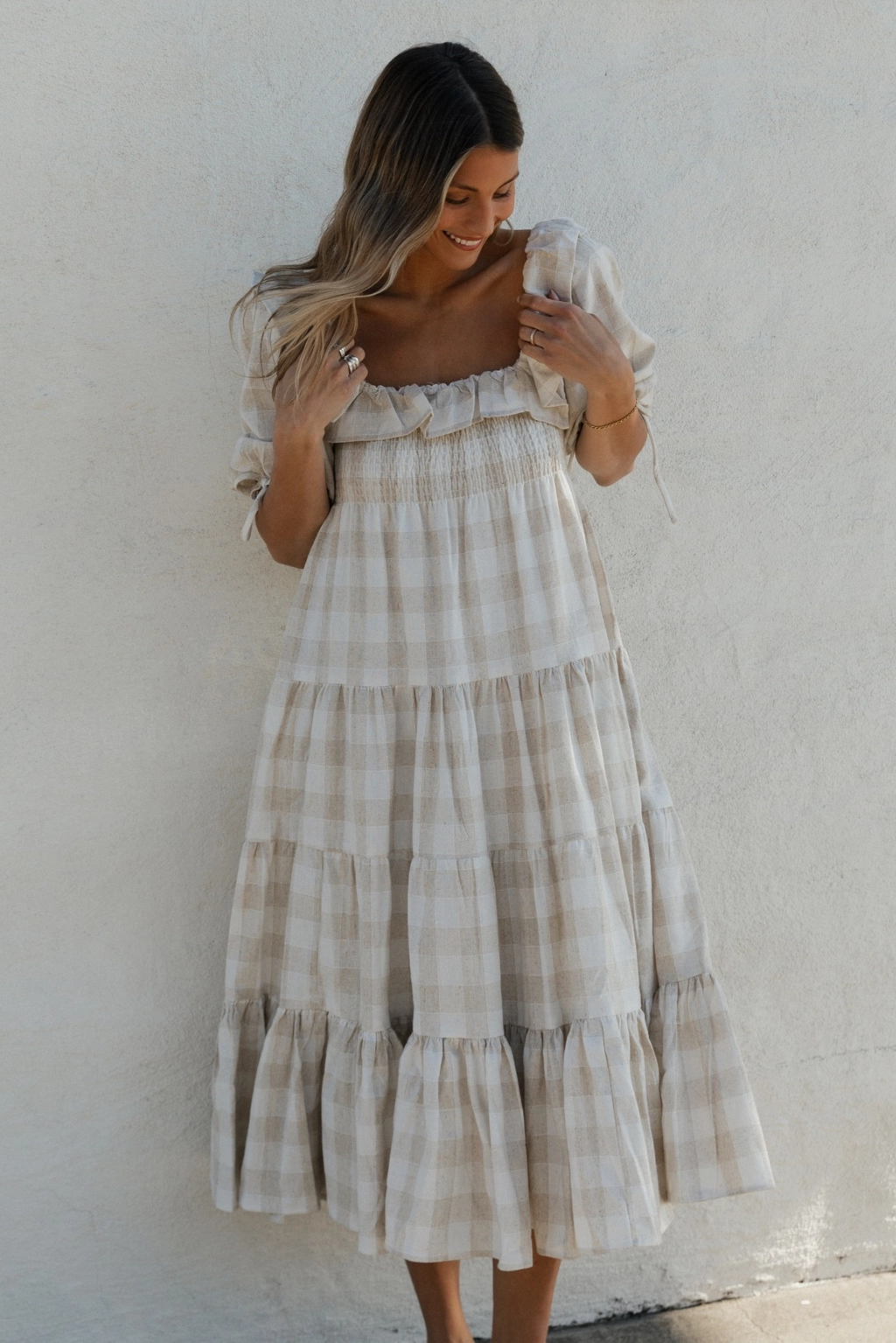 Clea Dress in Natural Plaid - Bump Friendly