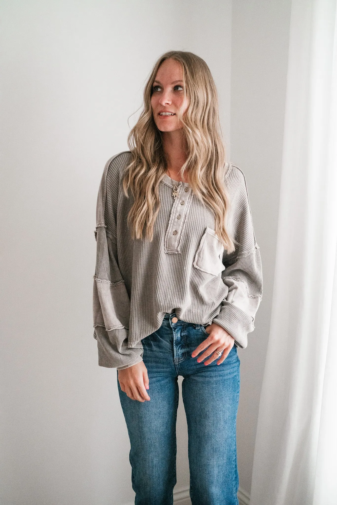 Coffee Hour Waffle Knit Top - Gray