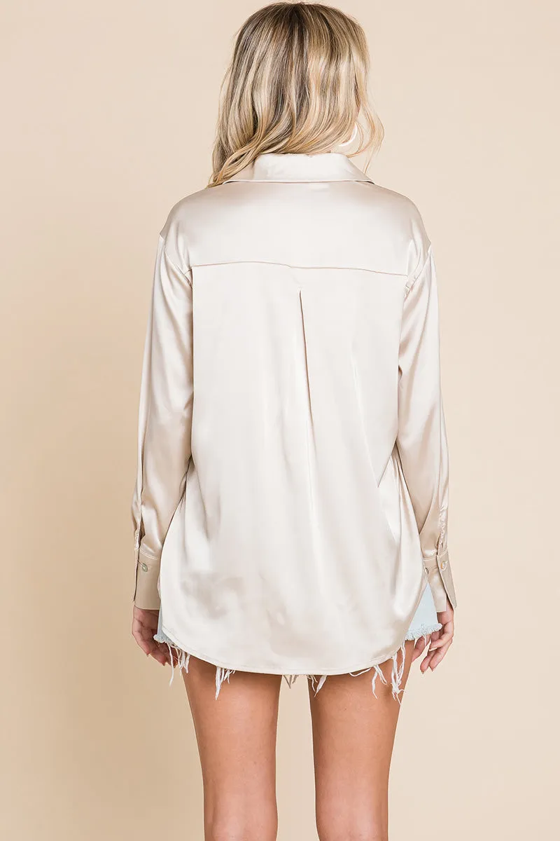 Collared Satin Button Down Blouse Shirts