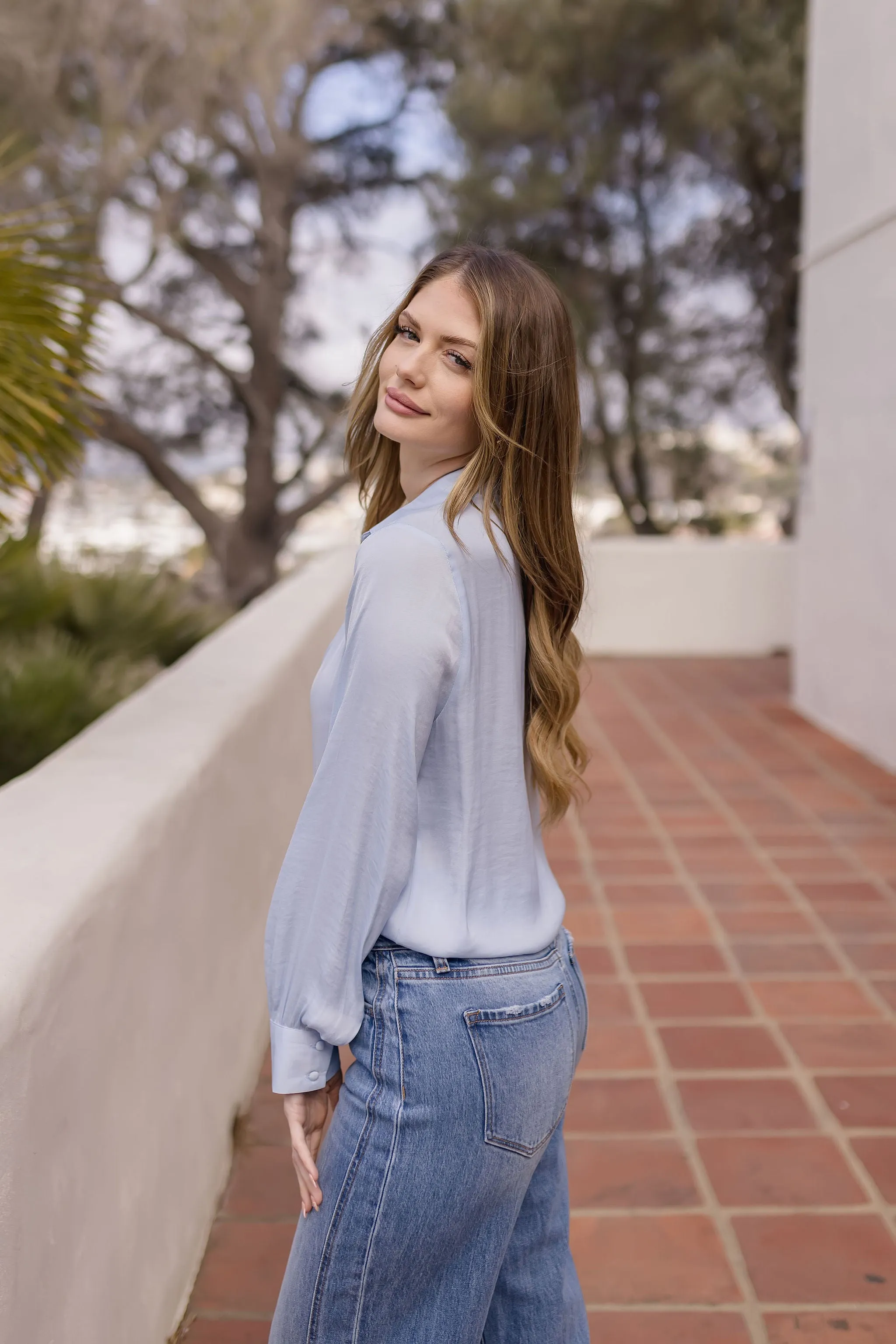 Colleen Long Sleeve Button Down Satin Top Blue