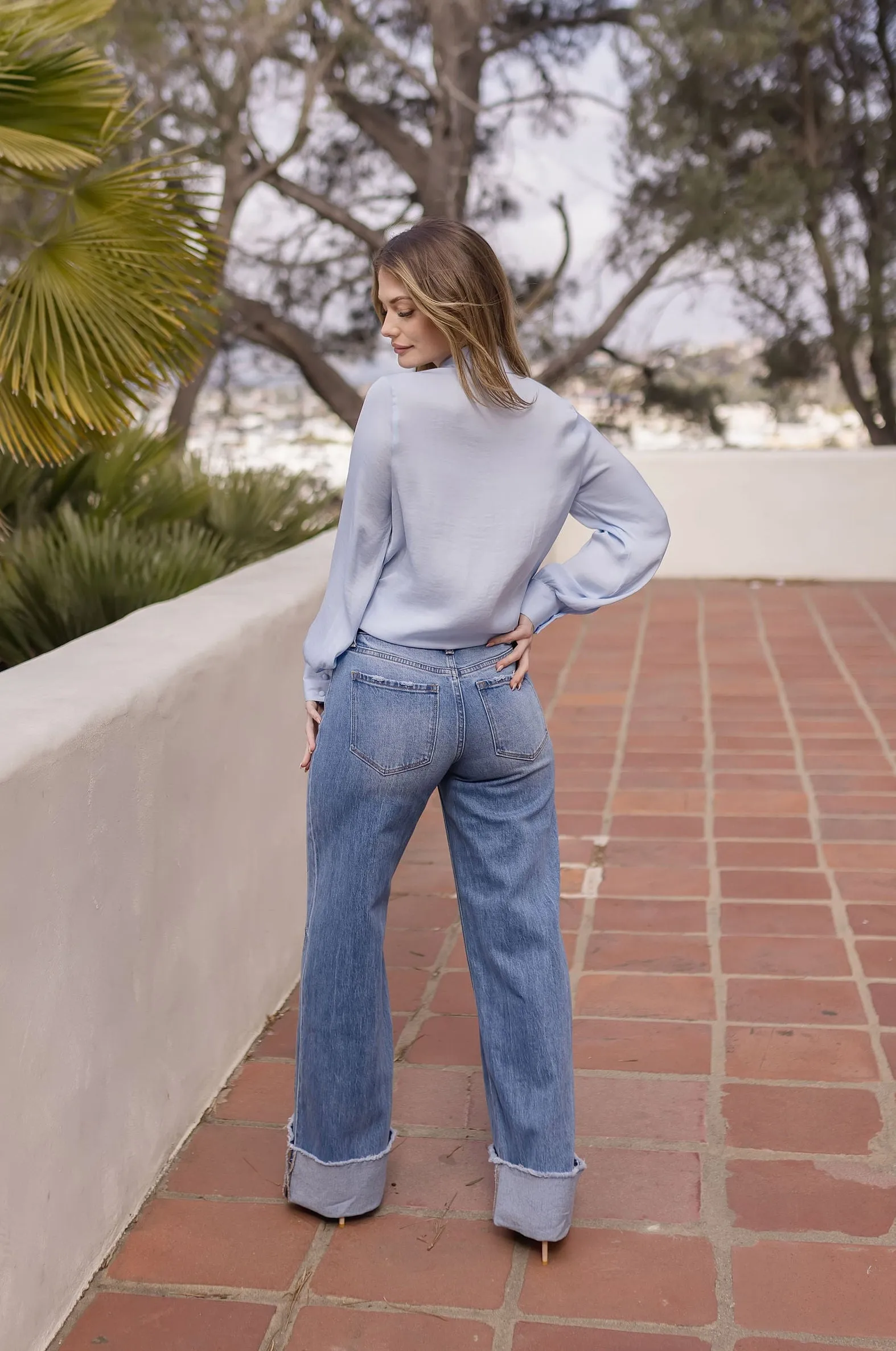 Colleen Long Sleeve Button Down Satin Top Blue