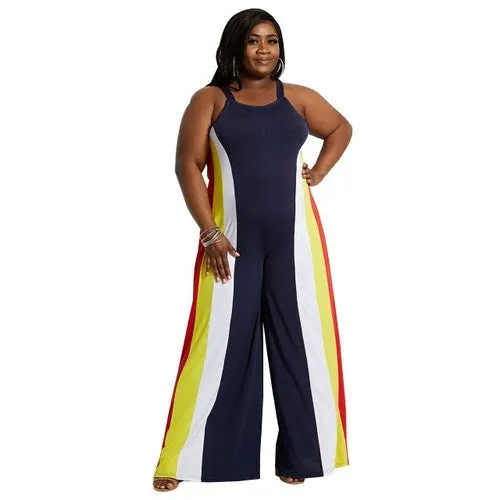 Color Striped Printing Women Plus Size Jumpsuits Casual Sleeveless