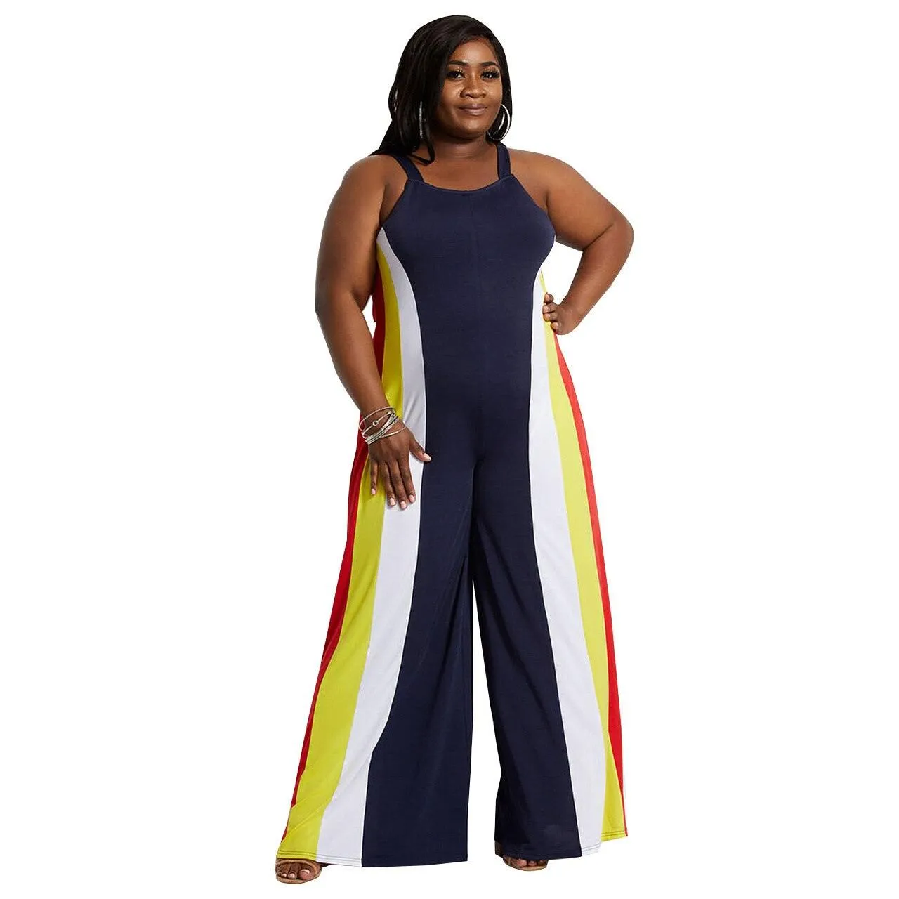 Color Striped Printing Women Plus Size Jumpsuits Casual Sleeveless