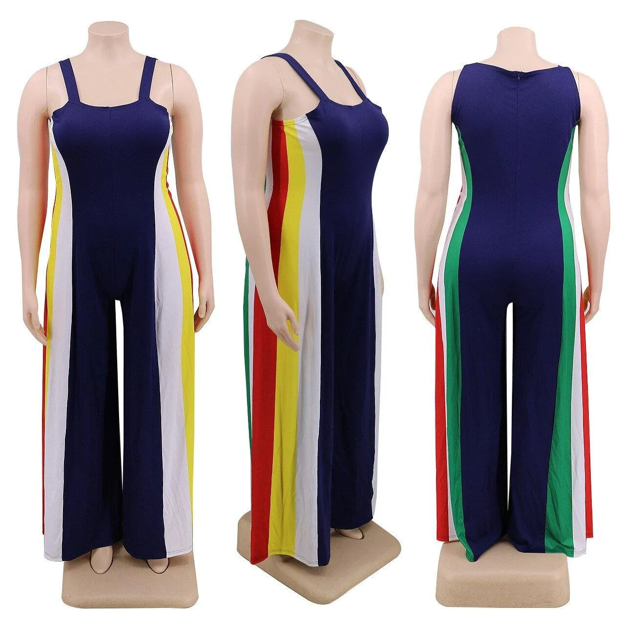 Color Striped Printing Women Plus Size Jumpsuits Casual Sleeveless
