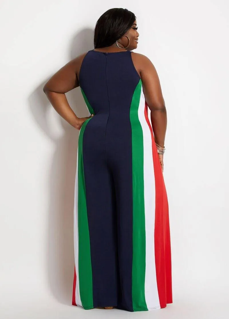 Color Striped Printing Women Plus Size Jumpsuits Casual Sleeveless