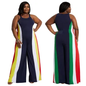 Color Striped Printing Women Plus Size Jumpsuits Casual Sleeveless