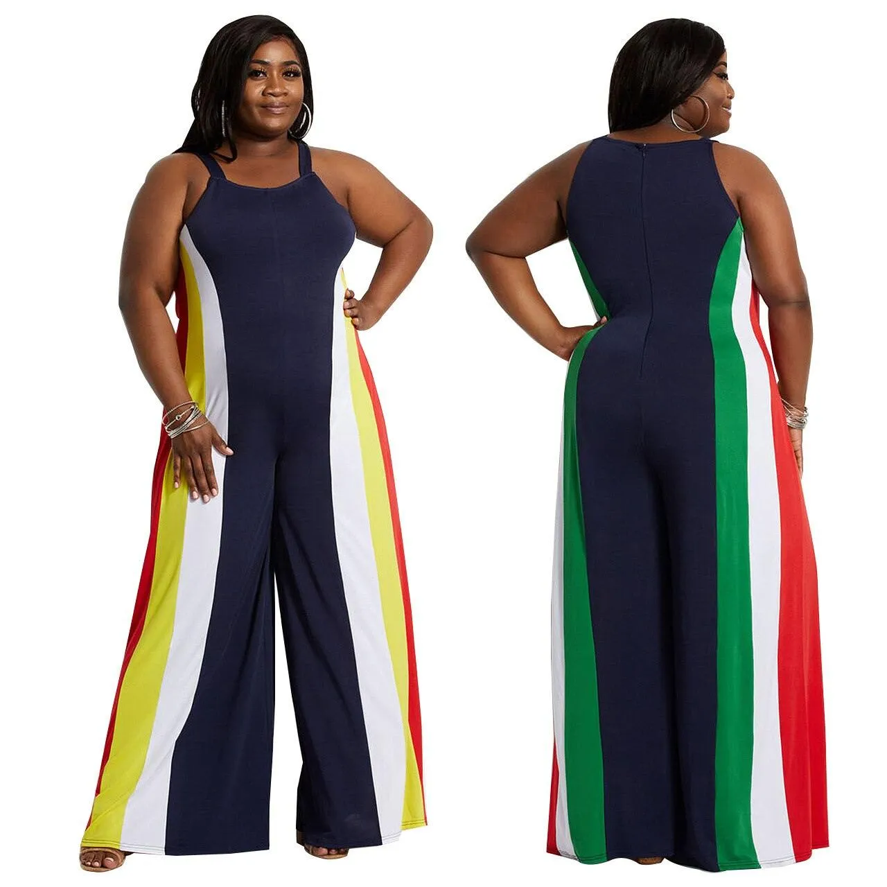 Color Striped Printing Women Plus Size Jumpsuits Casual Sleeveless