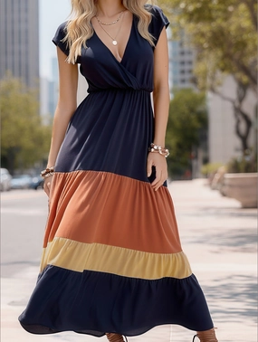 COLOR-CODED SHORT-SLEEVED V-NECK LONG-WAIST DRESS COLOR-CODED SHORT-SLEEVED V-NECK LONG-WAIST DRESS