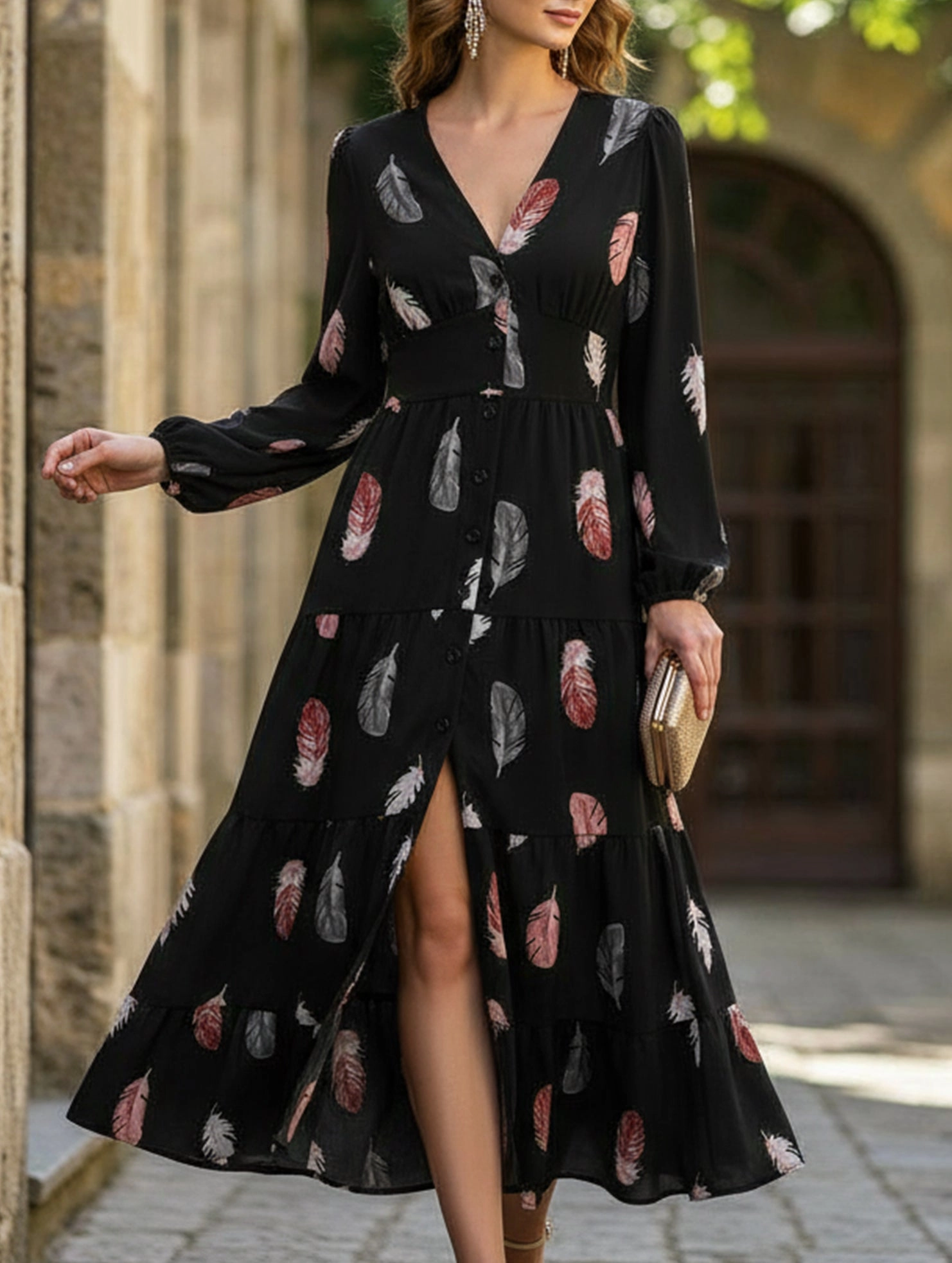 Colorful feather print three-quarter sleeve dress
