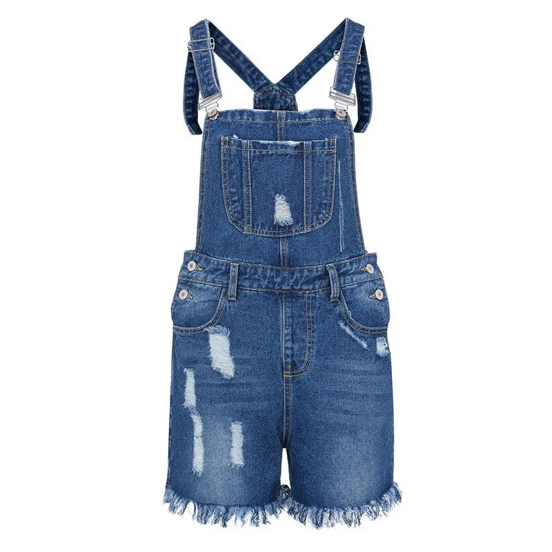 Comfy Women's Ripped Fringed Overalls Denim Jumpsuit Romper Shorts