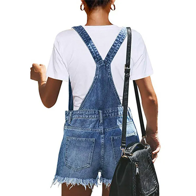 Comfy Women's Ripped Fringed Overalls Denim Jumpsuit Romper Shorts