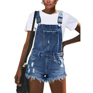 Comfy Women's Ripped Fringed Overalls Denim Jumpsuit Romper Shorts