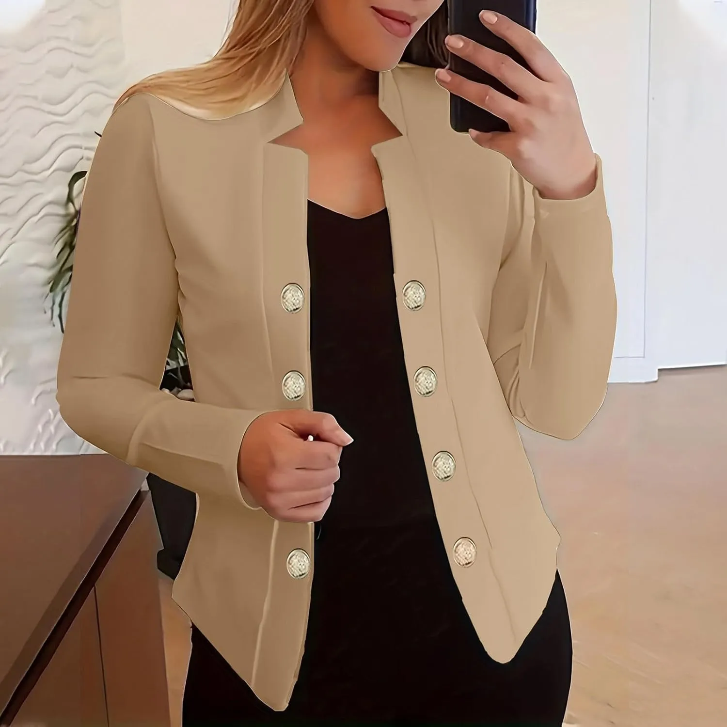 cooki Blazers for Women Work Casual 2024 Fall Long Sleeve Notch Cardigans Open Front Button Work Cropped Blazer Jackets