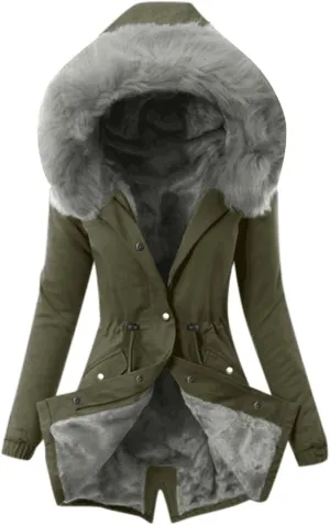 cooki Winter Coats for Women Fleece Lined Puffer Coat Women Long Down Coat Warm Parkas Fur Hooded Drawstring Fuzzy Overcoat