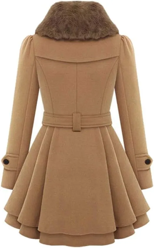 cooki Women Swing Double Breasted Wool Pea Coat with Belt Warm Thicken Fleece Lined Warm Winter Coats for Women Casual