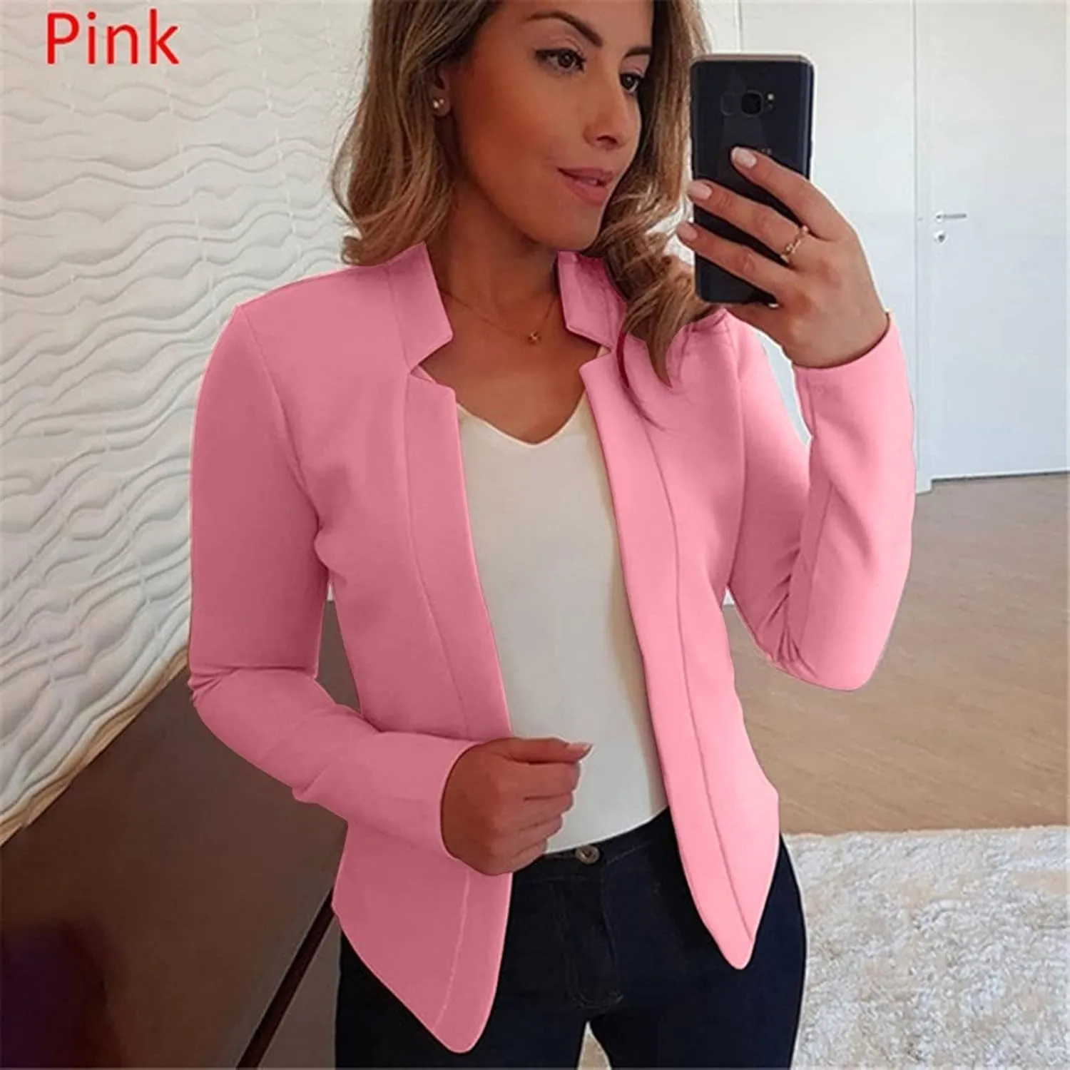 cooki Womens Cropped Blazers Business Casual 2024 Fall Long Sleeve Notch Cardigans Open Front Button Short Blazer Jackets