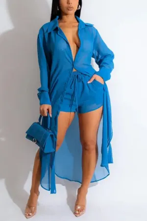 Cool Chiffon Single-Breasted Maxi Shirt Shorts Set