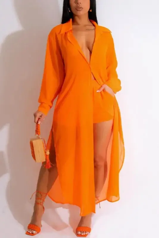 Cool Chiffon Single-Breasted Maxi Shirt Shorts Set