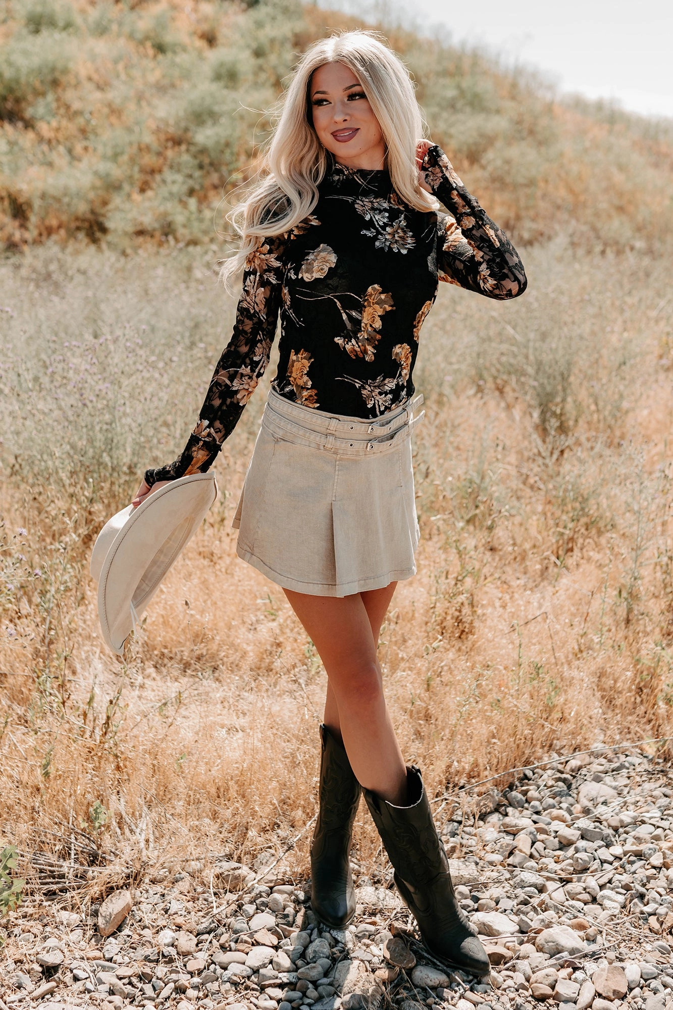 Cool, Calm & Collected Belted Denim Mini Skirt (Khaki)