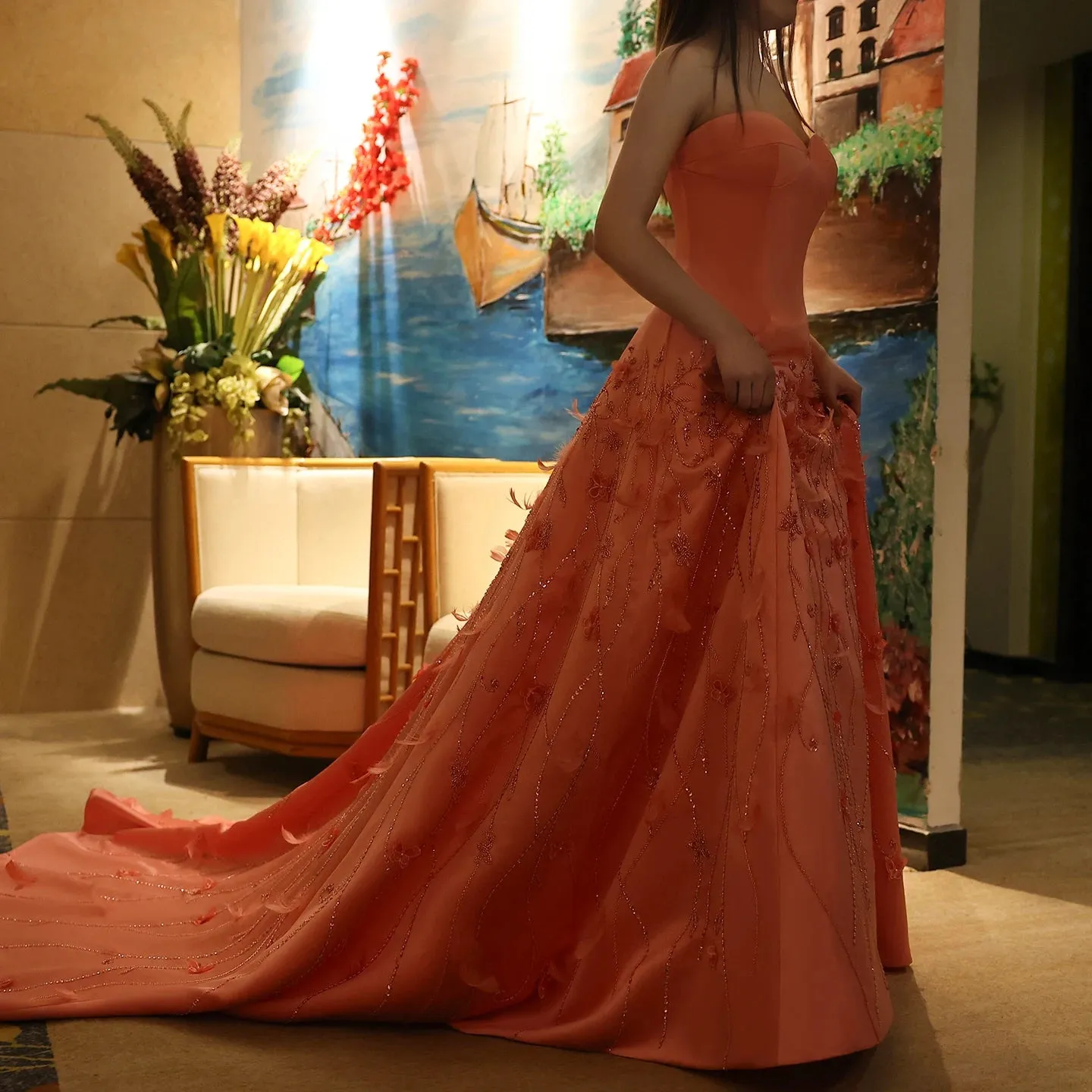 Coral Pink 3D Floral Evening Gown with Feathers
