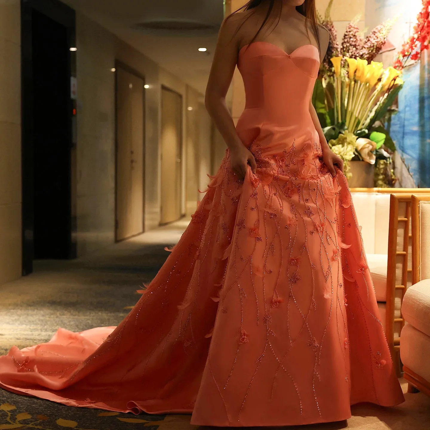 Coral Pink 3D Floral Evening Gown with Feathers